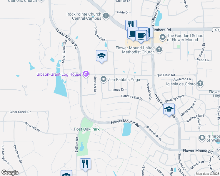 map of restaurants, bars, coffee shops, grocery stores, and more near 3612 Karla Drive in Flower Mound