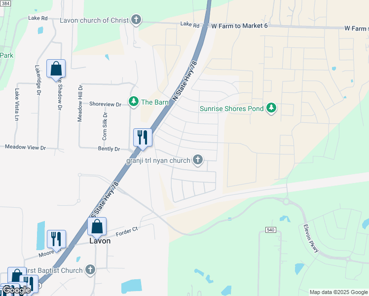 map of restaurants, bars, coffee shops, grocery stores, and more near Community Drive in Lavon