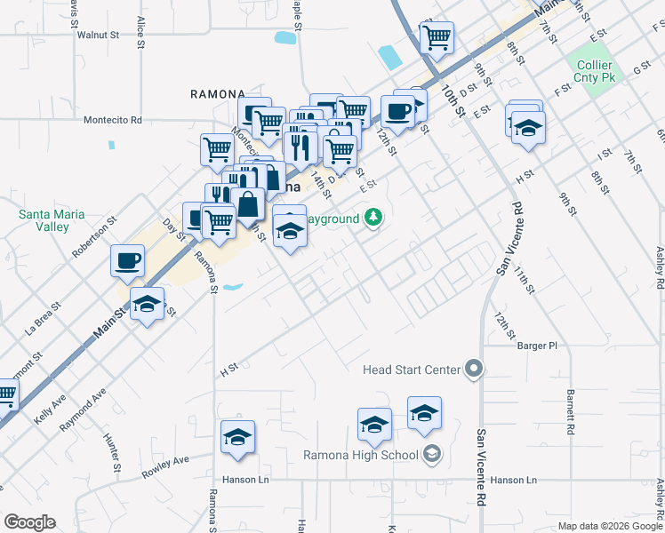 map of restaurants, bars, coffee shops, grocery stores, and more near 1462 Realty Road in Ramona