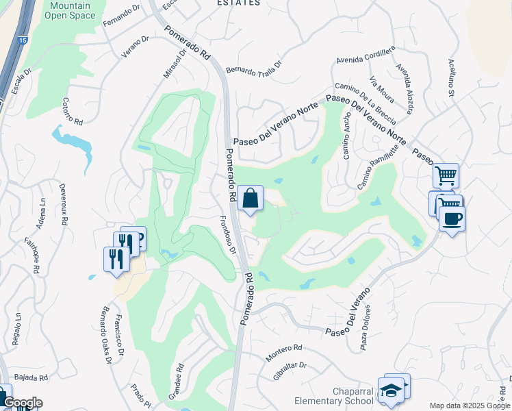 map of restaurants, bars, coffee shops, grocery stores, and more near 17607 Pomerado Road in San Diego