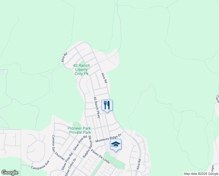 map of restaurants, bars, coffee shops, grocery stores, and more near 17595 Alva Road in San Diego