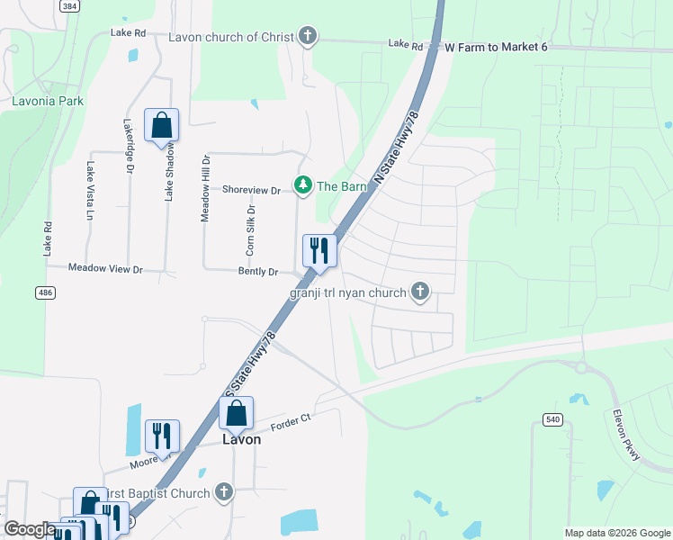 map of restaurants, bars, coffee shops, grocery stores, and more near 125 Coyote Creek Drive in Lavon