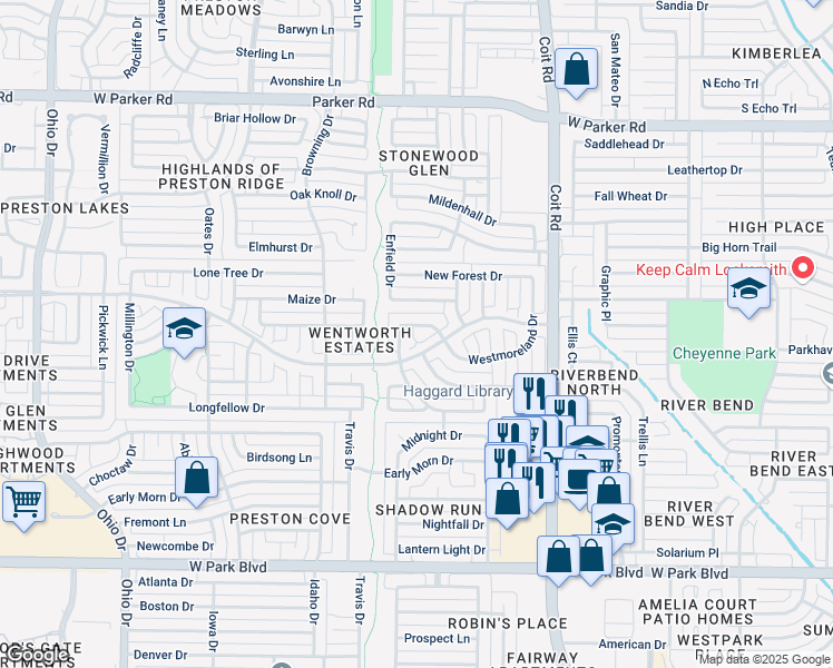 map of restaurants, bars, coffee shops, grocery stores, and more near 2712 Donnington Drive in Plano
