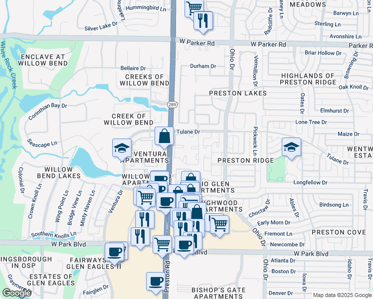 map of restaurants, bars, coffee shops, grocery stores, and more near 2600 Preston Road in Plano