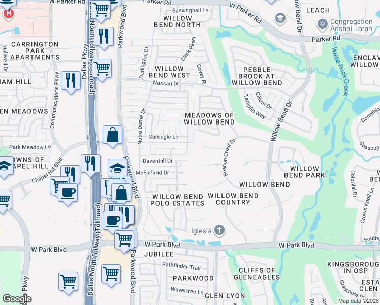 map of restaurants, bars, coffee shops, grocery stores, and more near 5904 Royal Palm Drive in Plano