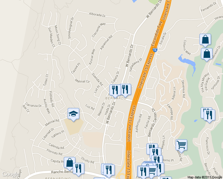 map of restaurants, bars, coffee shops, grocery stores, and more near 11533 Aliento Court in San Diego