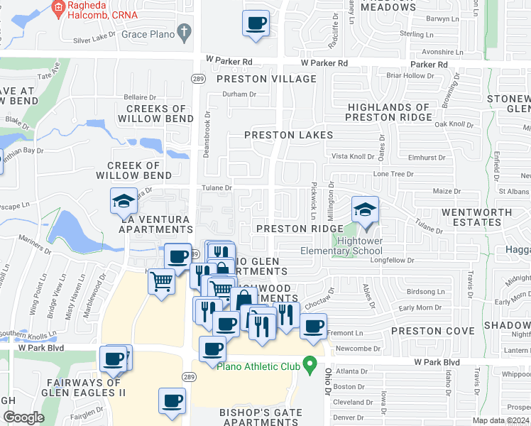 map of restaurants, bars, coffee shops, grocery stores, and more near 39 Ohio Drive in Plano