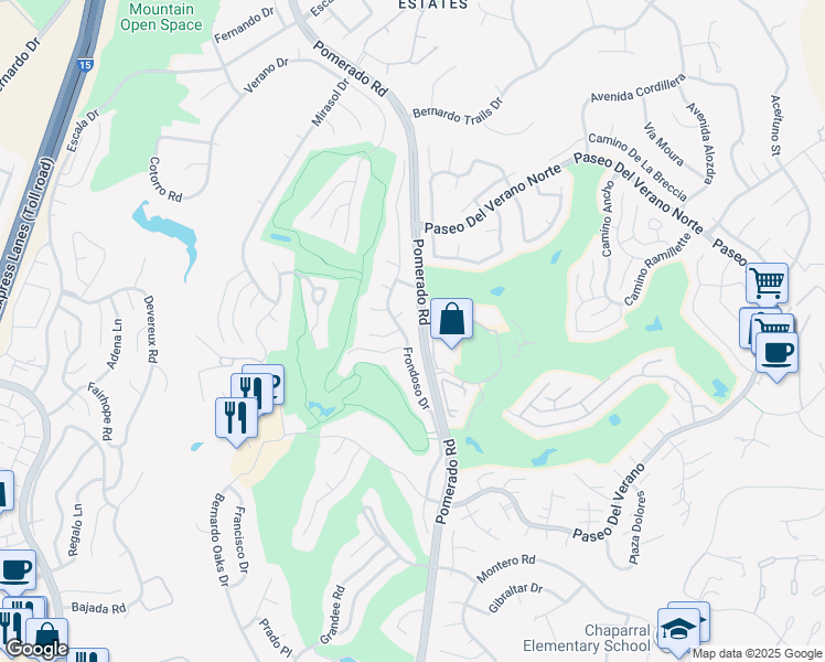 map of restaurants, bars, coffee shops, grocery stores, and more near 17663 Frondoso Drive in San Diego
