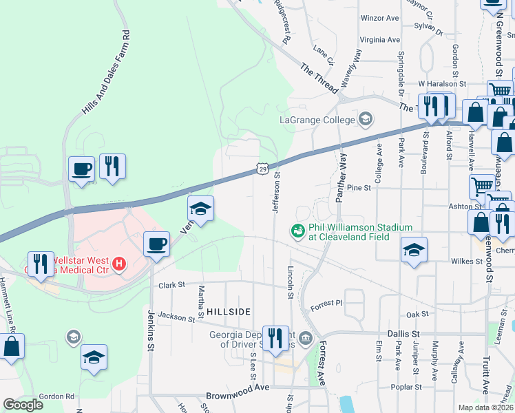 map of restaurants, bars, coffee shops, grocery stores, and more near 305 North Lee Street in LaGrange