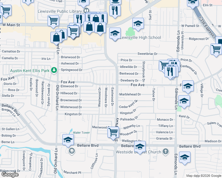 map of restaurants, bars, coffee shops, grocery stores, and more near 1014 Eastwood Dr in Lewisville