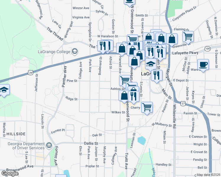 map of restaurants, bars, coffee shops, grocery stores, and more near 401 Ashton Street in LaGrange