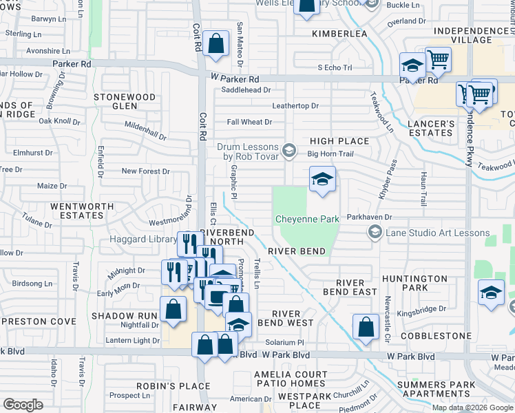 map of restaurants, bars, coffee shops, grocery stores, and more near 3812 Graphic Pl in Plano