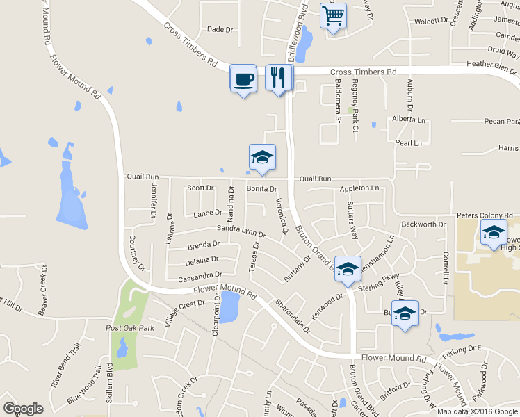 map of restaurants, bars, coffee shops, grocery stores, and more near 4209 Shelby Court in Flower Mound