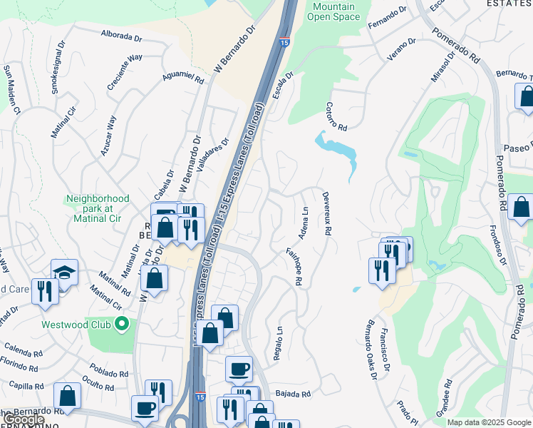 map of restaurants, bars, coffee shops, grocery stores, and more near 17586 Bocage Point in San Diego