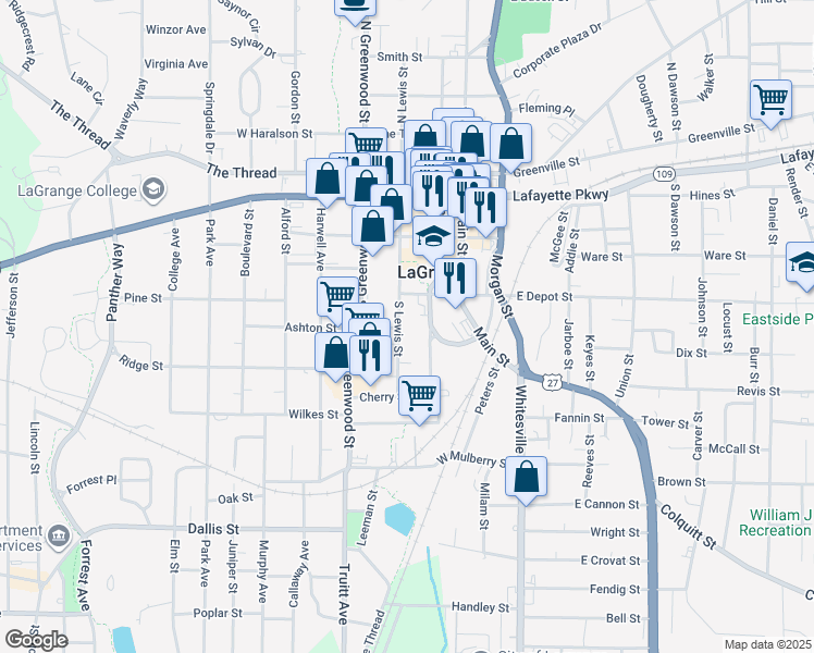 map of restaurants, bars, coffee shops, grocery stores, and more near 409 South Lewis Street in LaGrange