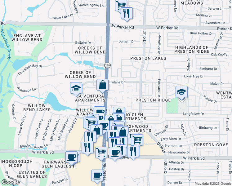 map of restaurants, bars, coffee shops, grocery stores, and more near 2600 Preston Road in Plano