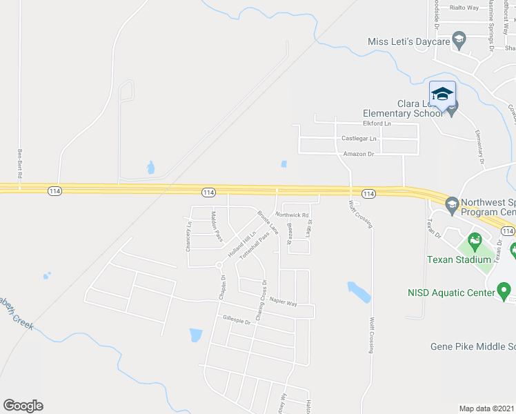 map of restaurants, bars, coffee shops, grocery stores, and more near 16020 Bronte Lane in Fort Worth