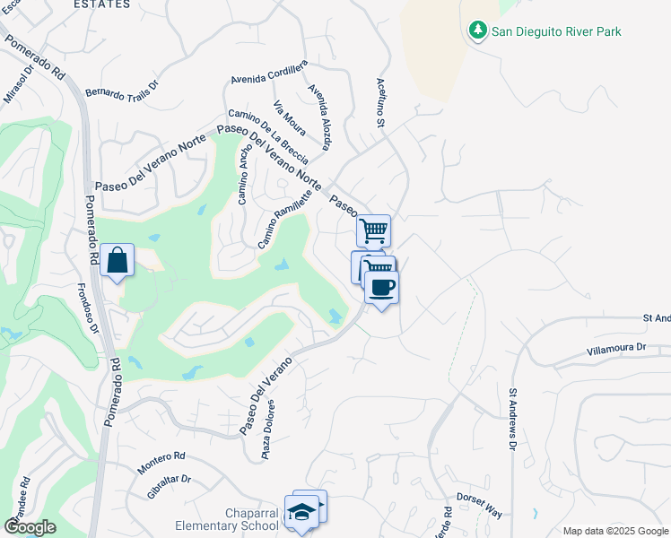 map of restaurants, bars, coffee shops, grocery stores, and more near 17587 Cumana Terrace in San Diego