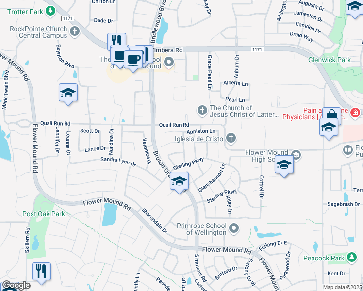 map of restaurants, bars, coffee shops, grocery stores, and more near 4001 Amador Court in Flower Mound
