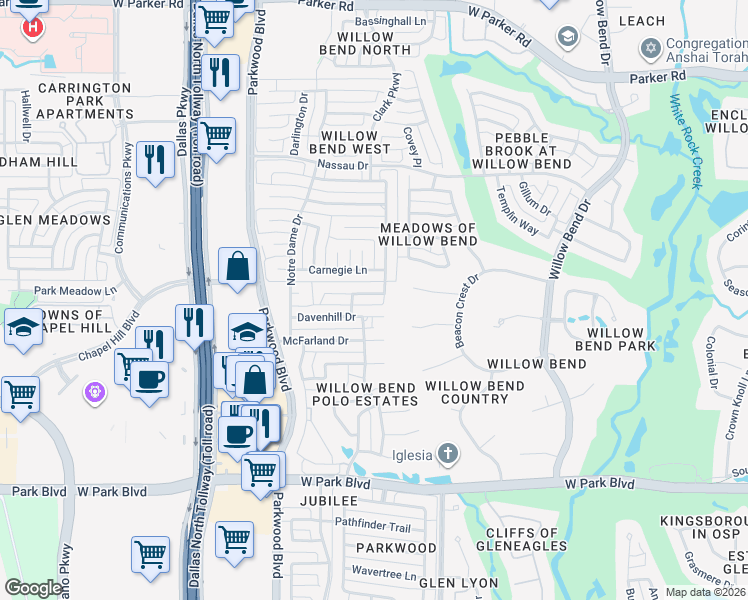 map of restaurants, bars, coffee shops, grocery stores, and more near 5904 Royal Palm Drive in Plano
