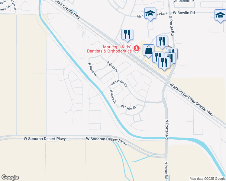 map of restaurants, bars, coffee shops, grocery stores, and more near 42221 West Ramona Street in Maricopa