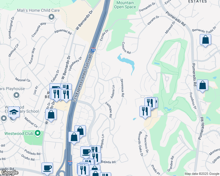 map of restaurants, bars, coffee shops, grocery stores, and more near 17675 Rienzi Place in San Diego
