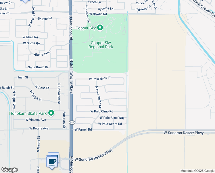 map of restaurants, bars, coffee shops, grocery stores, and more near 44183 West Palo Amarillo Road in Maricopa