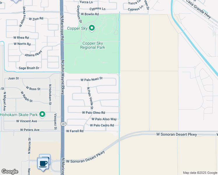 map of restaurants, bars, coffee shops, grocery stores, and more near 44079 West Palo Amarillo Road in Maricopa