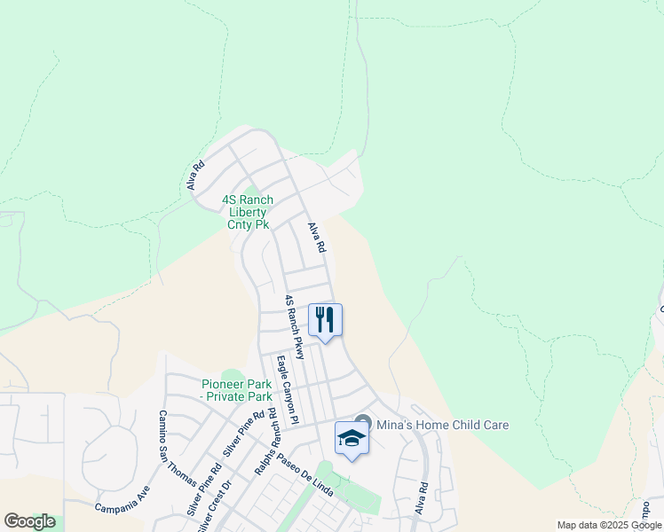 map of restaurants, bars, coffee shops, grocery stores, and more near 17595 Alva Road in San Diego