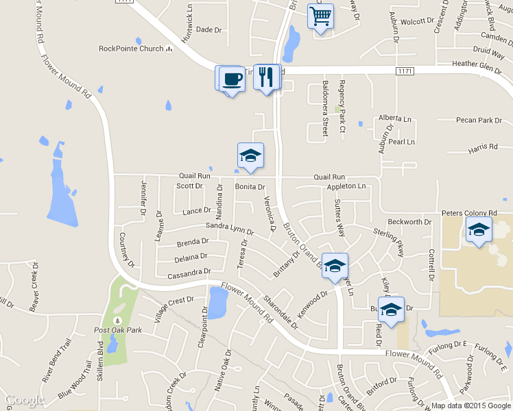 map of restaurants, bars, coffee shops, grocery stores, and more near 4116 Shelby Court in Flower Mound