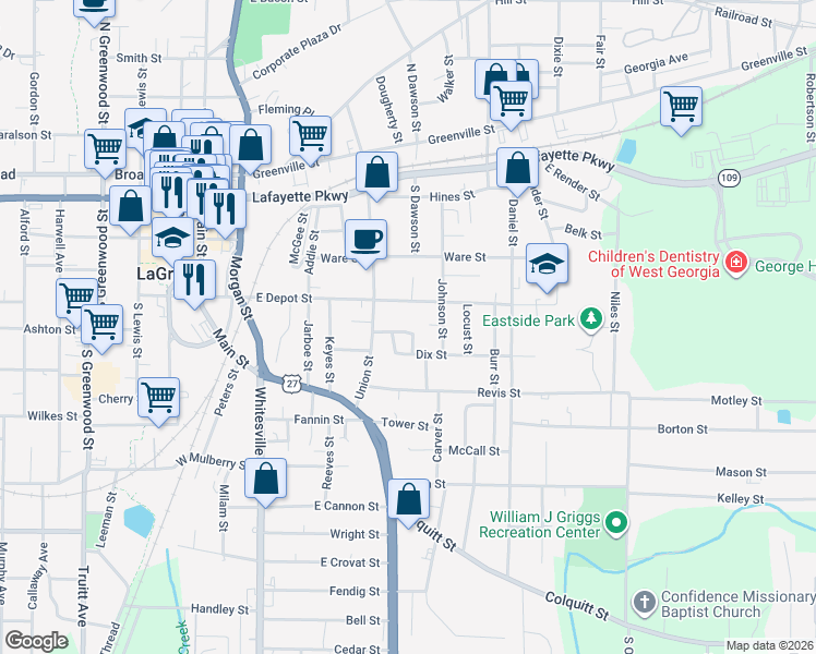 map of restaurants, bars, coffee shops, grocery stores, and more near 115 Dix Street in LaGrange