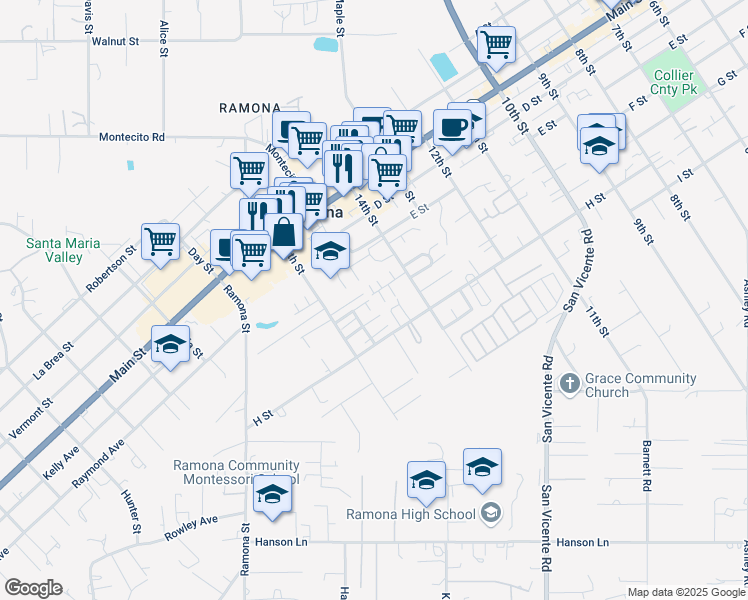 map of restaurants, bars, coffee shops, grocery stores, and more near 1462 Realty Road in Ramona