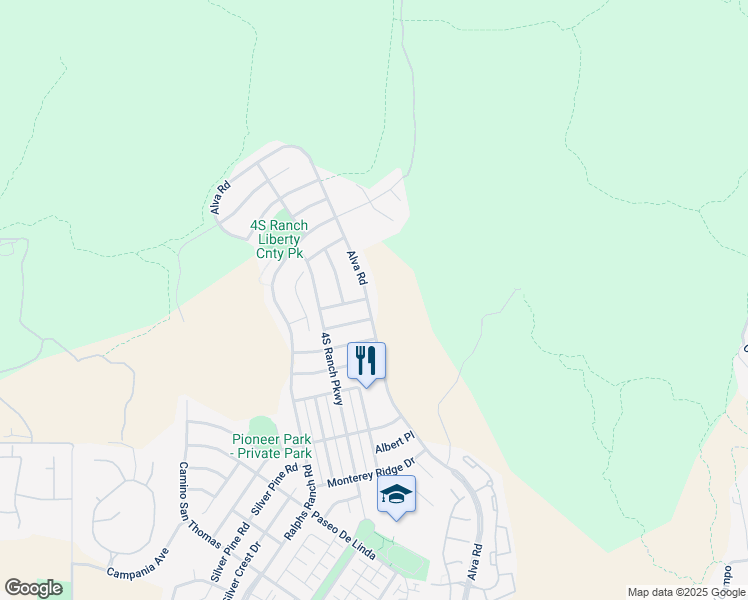map of restaurants, bars, coffee shops, grocery stores, and more near 17595 Alva Road in San Diego