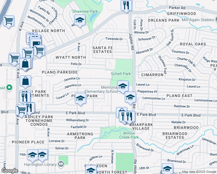 map of restaurants, bars, coffee shops, grocery stores, and more near 2625 R Avenue in Plano