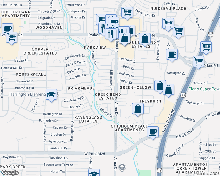 map of restaurants, bars, coffee shops, grocery stores, and more near 1109 Creekfield Drive in Plano