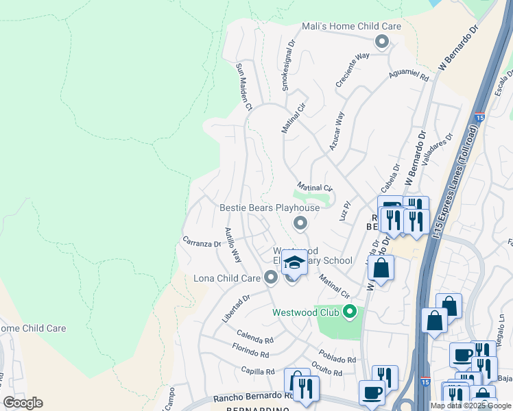 map of restaurants, bars, coffee shops, grocery stores, and more near 17783 Weaving Lane in San Diego