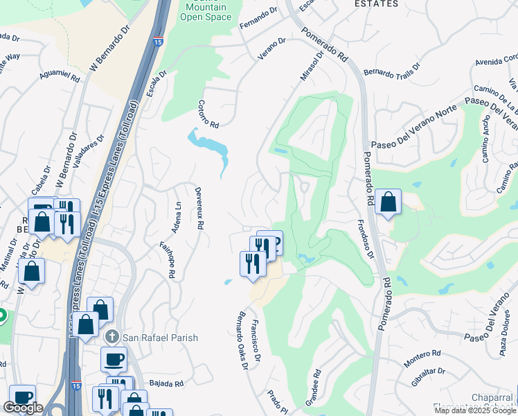 map of restaurants, bars, coffee shops, grocery stores, and more near 17780 Sintonte Drive in San Diego