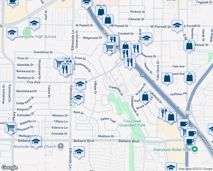 map of restaurants, bars, coffee shops, grocery stores, and more near 836 Creekside Drive in Lewisville