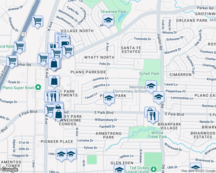 map of restaurants, bars, coffee shops, grocery stores, and more near 1700 Japonica Lane in Plano