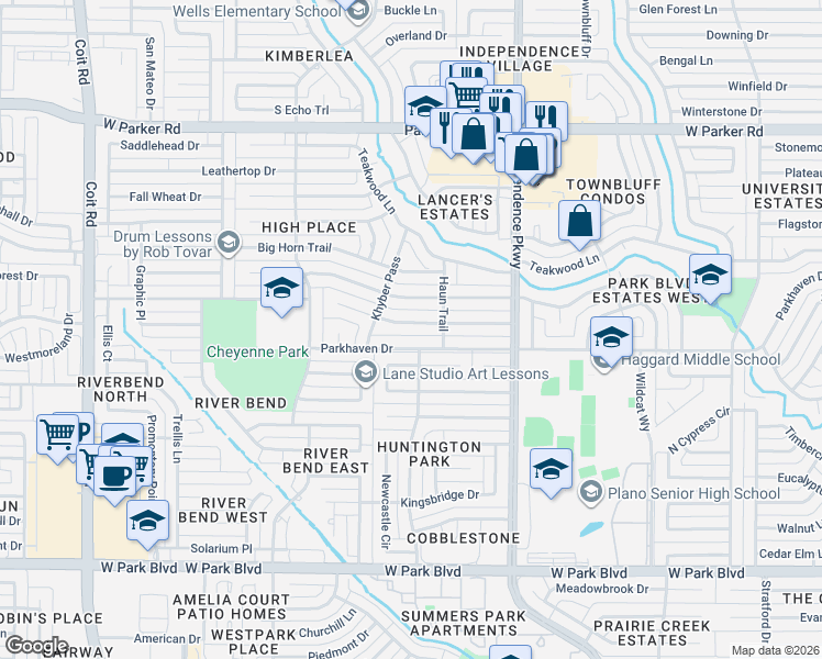 map of restaurants, bars, coffee shops, grocery stores, and more near 3316 Appalachian Way in Plano