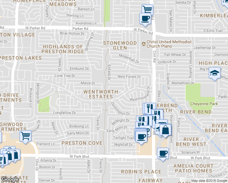 map of restaurants, bars, coffee shops, grocery stores, and more near 2712 Donnington Drive in Plano