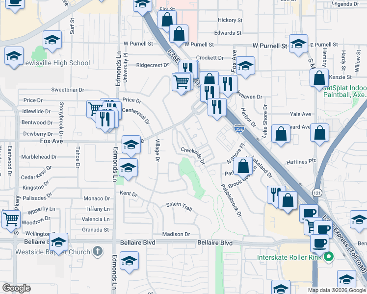 map of restaurants, bars, coffee shops, grocery stores, and more near 837 Creekside Drive in Lewisville