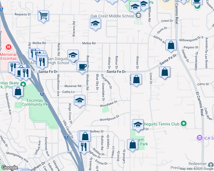 map of restaurants, bars, coffee shops, grocery stores, and more near 1248 Evergreen Drive in Encinitas