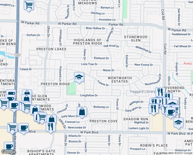 map of restaurants, bars, coffee shops, grocery stores, and more near 4436 Cityview Drive in Plano
