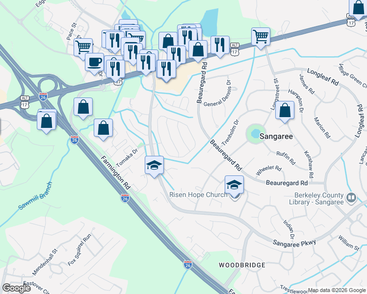 map of restaurants, bars, coffee shops, grocery stores, and more near 1305 Lantern Road in Summerville