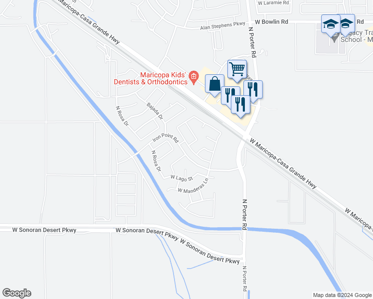 map of restaurants, bars, coffee shops, grocery stores, and more near 17118 North Rosemont Street in Maricopa