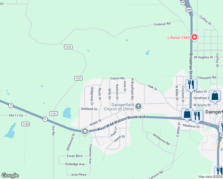 map of restaurants, bars, coffee shops, grocery stores, and more near 202 Wills Drive in Daingerfield