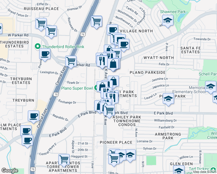 map of restaurants, bars, coffee shops, grocery stores, and more near 2708 K Avenue in Plano