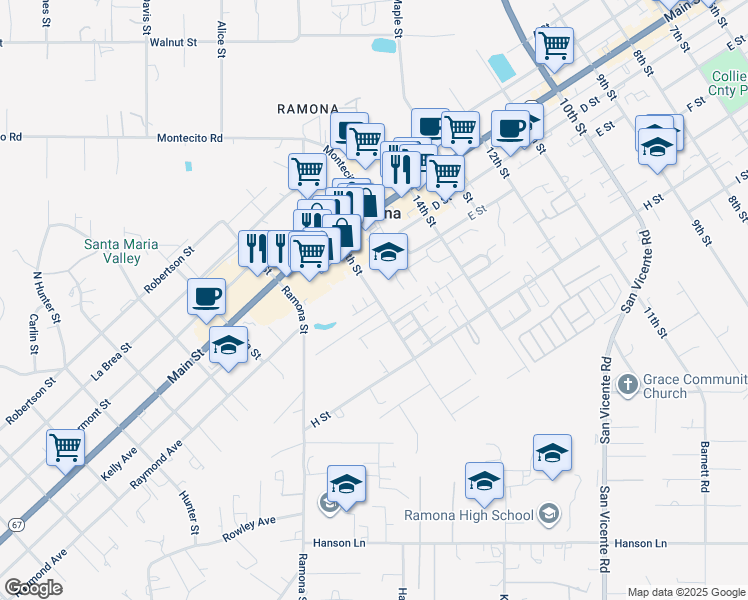 map of restaurants, bars, coffee shops, grocery stores, and more near 521 16th Street in Ramona