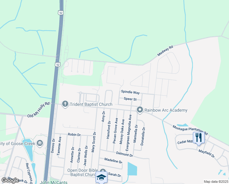 map of restaurants, bars, coffee shops, grocery stores, and more near 106 Spindle Way in Goose Creek